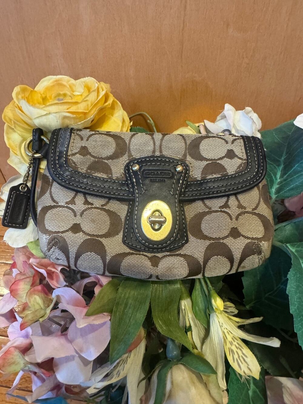 Coach Legacy Signature Brown Canvas Leather Trim Flap Turnlock Wristlet (600